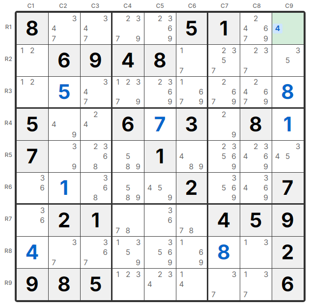 ตัวอย่าง Naked Single - R1C9 มีเฉพาะตัวเลือก 4